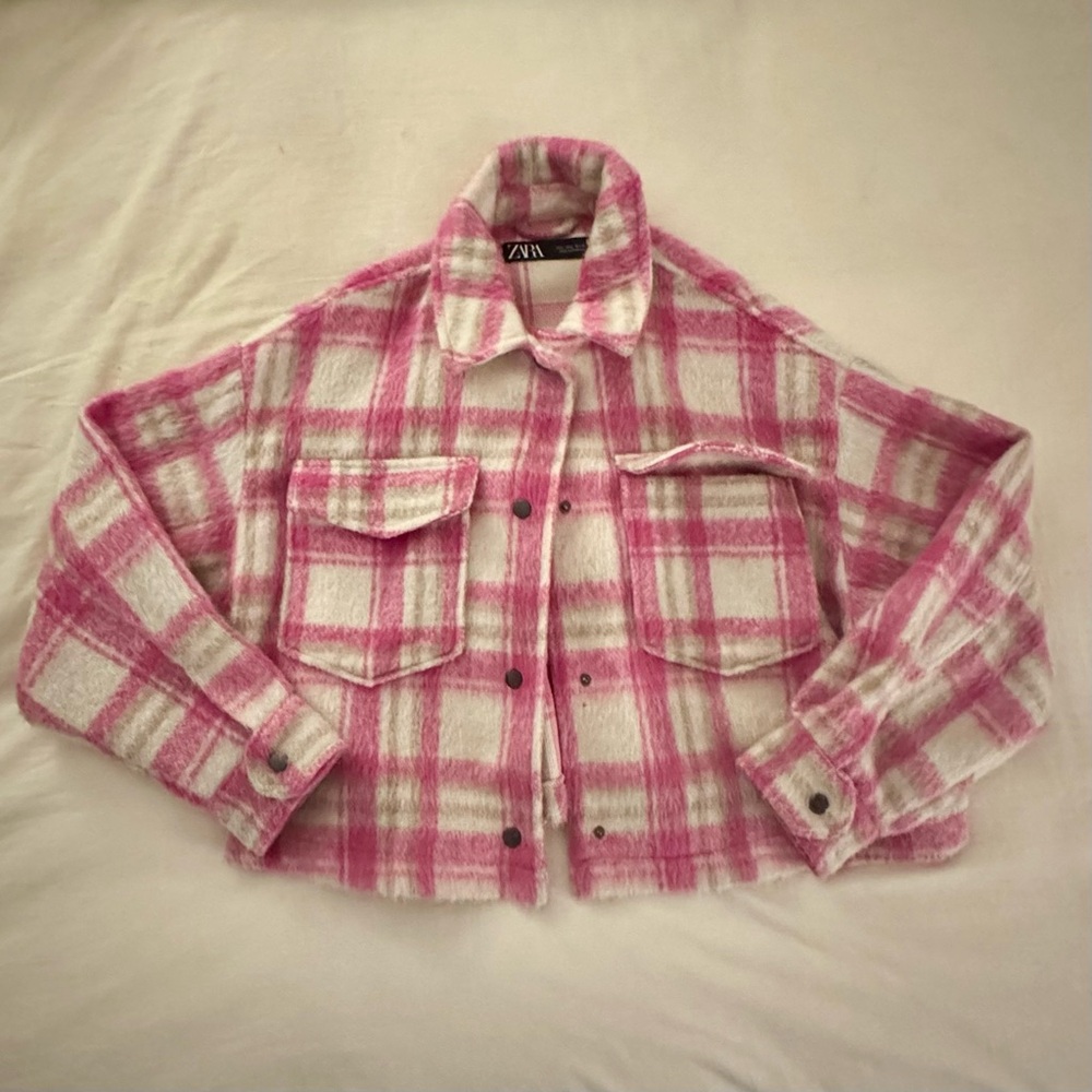Zara Women's Pink and Cream Checkered Jacket